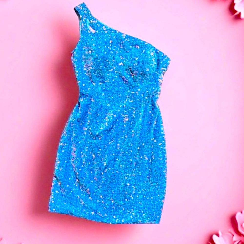 Glamorous Blue Sequin One-Shoulder Dress